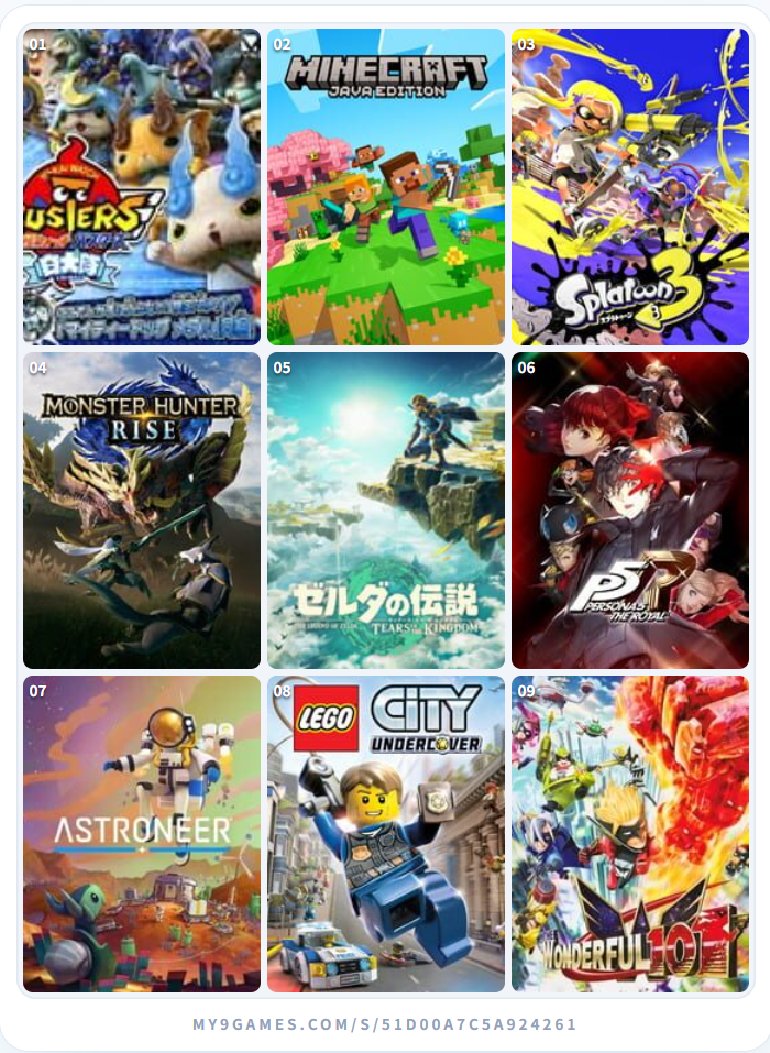 私を構成する9つのゲーム: 妖怪ウォッチバスターズ、Minecraft、スプラトゥーン3、モンスターハンターライズ、ゼルダの伝説 ティアーズ オブ ザ キングダム、ペルソナ5 ザ・ロイヤル、ASTRONEER、レゴシティ アンダーカバー、The Wonderful 101
